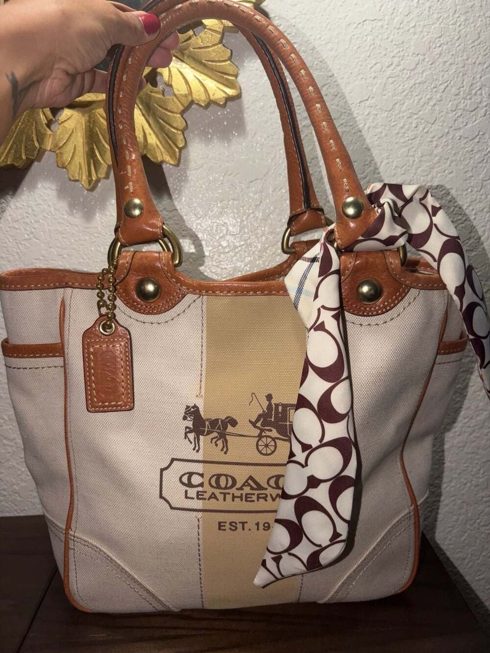 Coach Heritage Stripe Canvas Tattersall Tote Bag with Silk Scarf